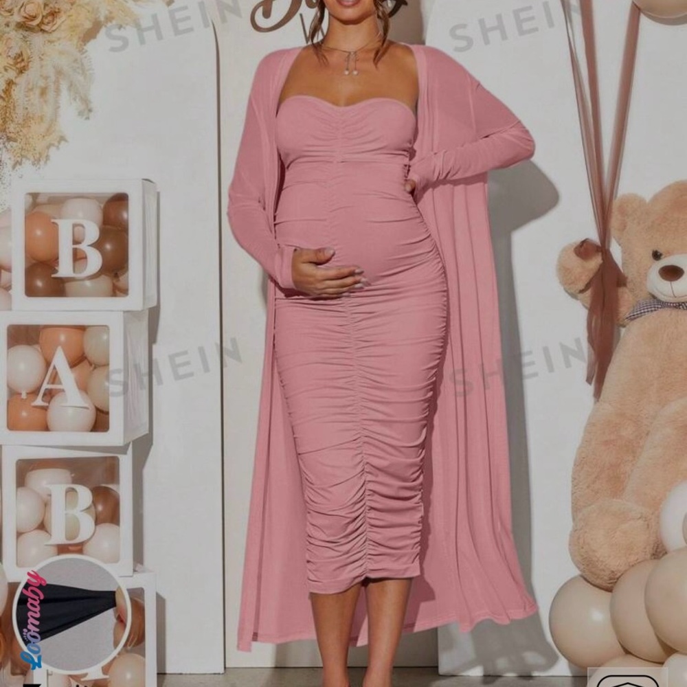 SHEIN Pink Long Sleeve Ruched Dress with Cardigan